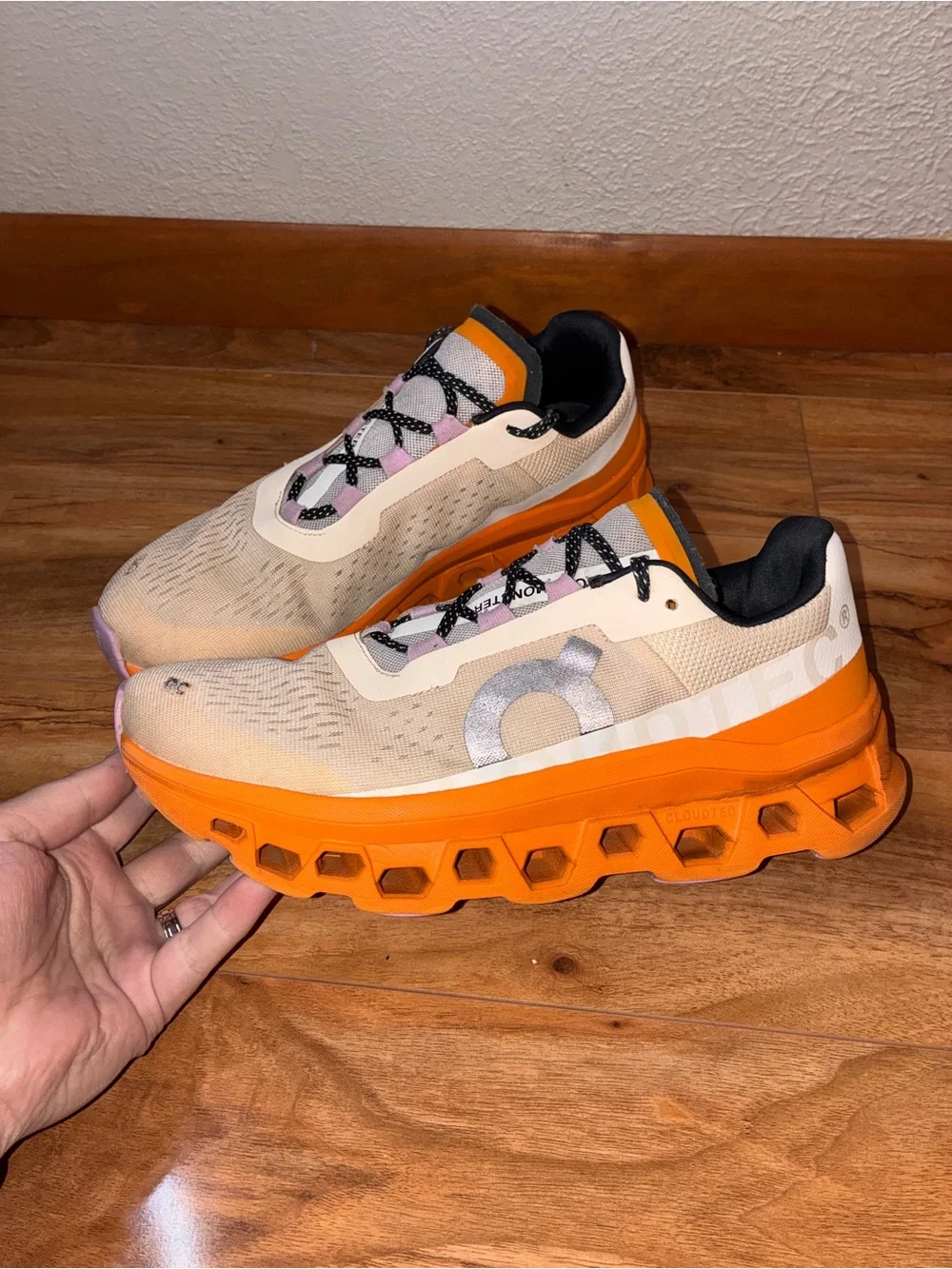 On Cloud Women’s Cloudmonster Athletic Shoe Sneakers, tan/orange- size 9.5